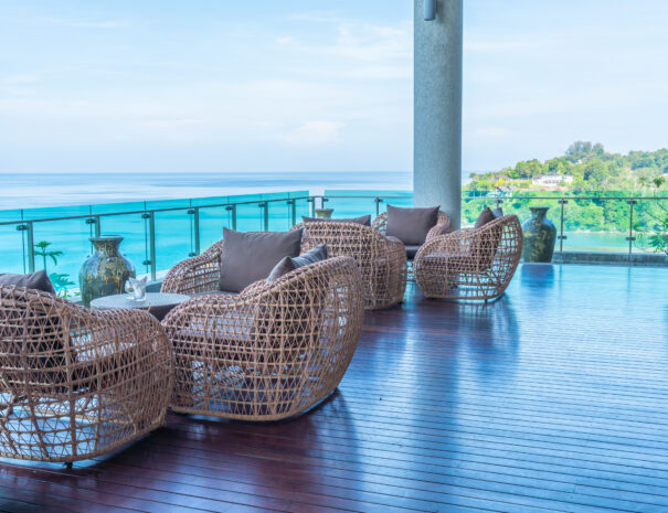 patio chair and table with sea view background